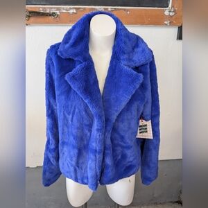 Jacket Electric Blue Open Front Cropped Faux Fur Size L NWT